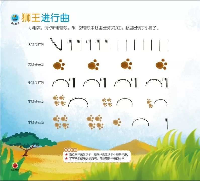 如欣赏法国圣-桑的《狮王进行曲》时,让幼儿用不同的线条和图案,表现