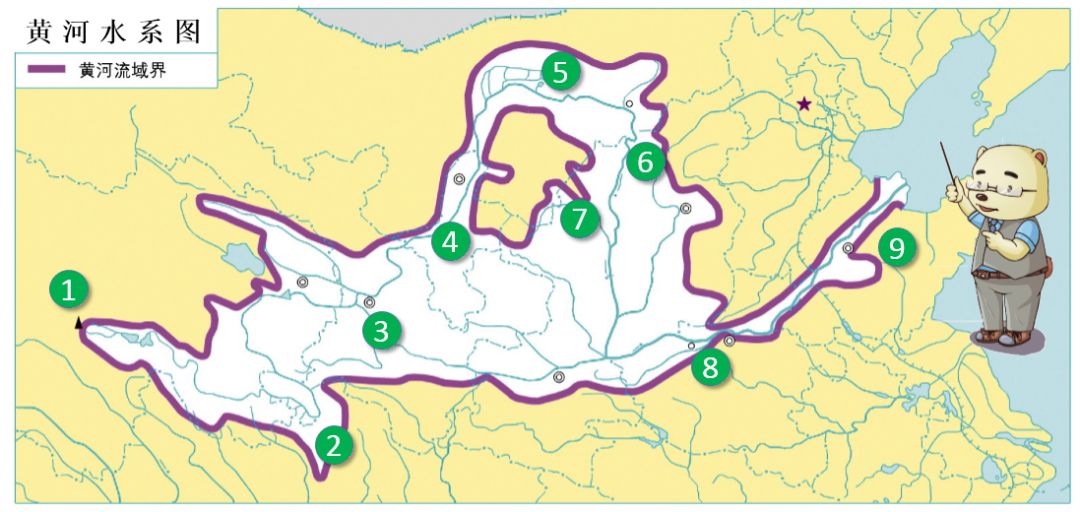 黄河流经的省级行政区主要城市:5.西宁 6.兰州 7.银川 8.太原 9.