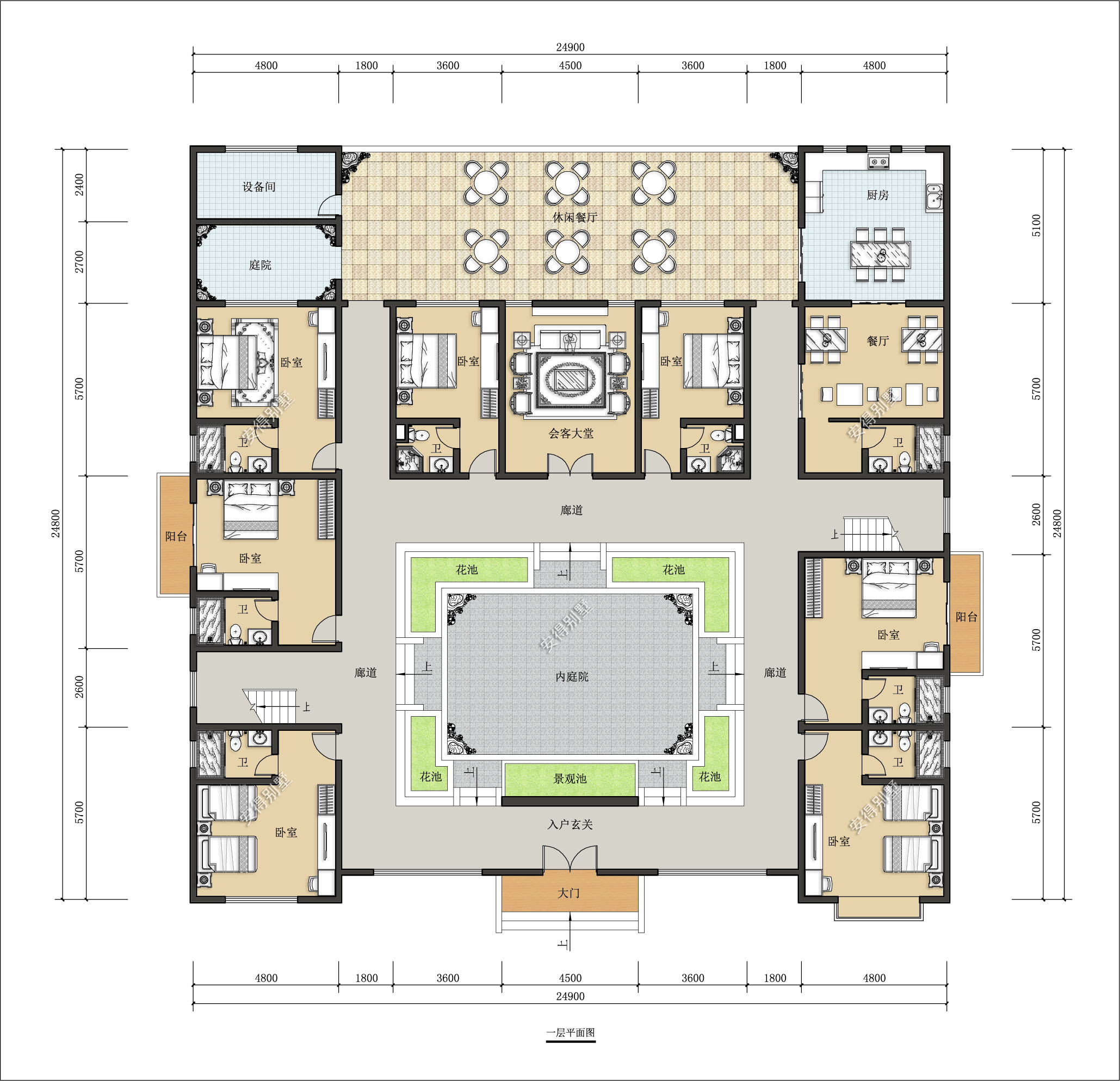 四合院平面设计如下:共9间卧室套房,1间会客大厅,厨房,餐厅和一处超大