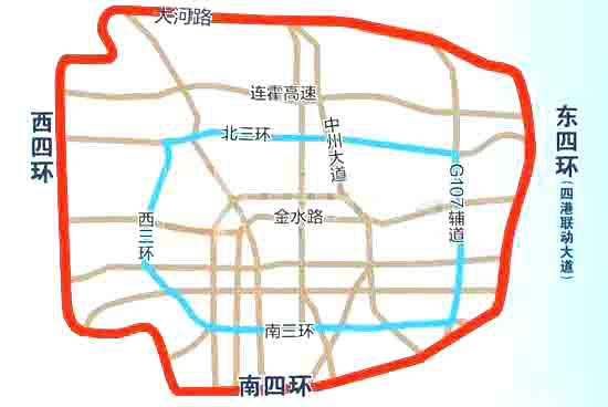 东四环,南四环,西四环,北四环(均不含本路,区域内连霍高速不限行)以内