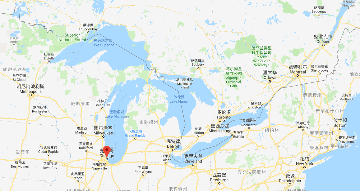 红点处为芝加哥所在位置(图截自谷歌地图)