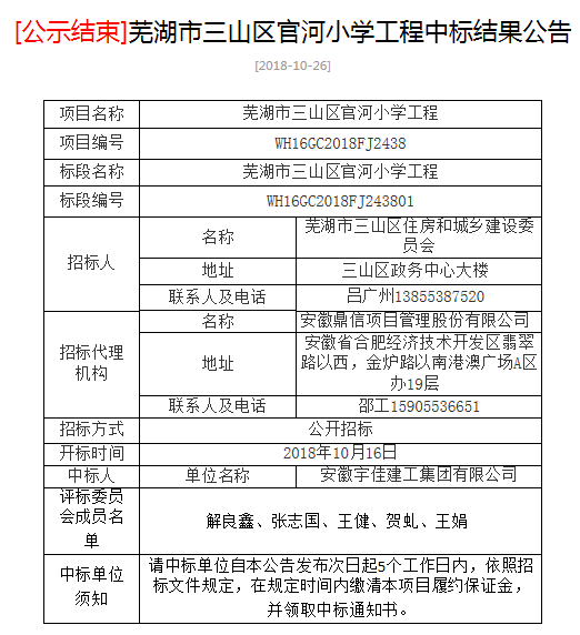 工期1年,官河小学工程施工招标结果公示_芜湖市