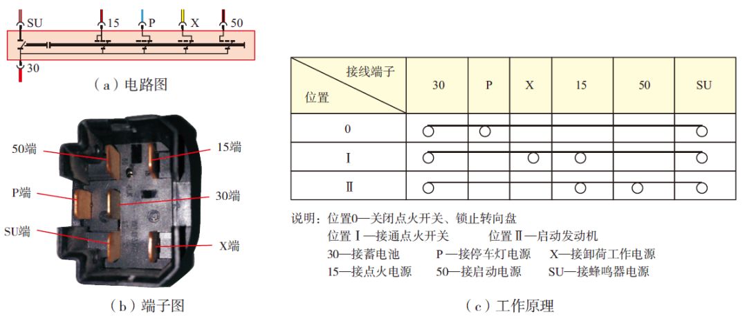 此时电源总线30与p端接通,操作停车灯开关,可使停车灯点亮,与点火开关