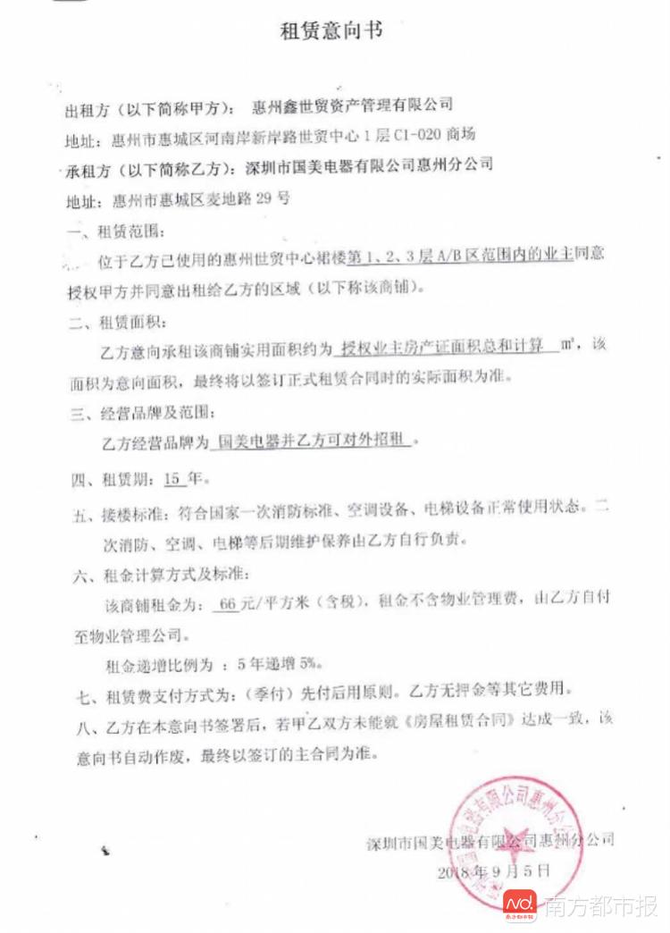 "按照"国美惠州"给"鑫世茂"的《租赁意向书》,未授权业主最理想的情况