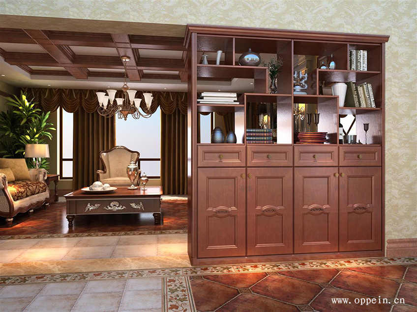 采用博古架隔断餐厅与客厅,既增加了房间的古典气氛,通透的格子又能