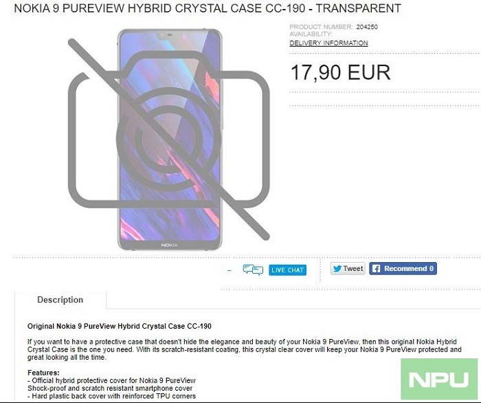 Nokia 9 PureView官方清水保护套又被曝光了
