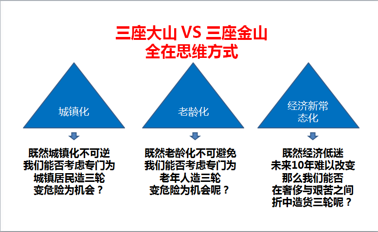 陈总说,三轮车的宏观经济,简言之就是"三座大山",即:城镇化,老龄化