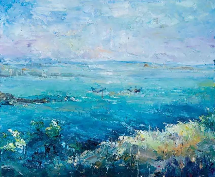 听海油画 45×60cm 莫华飞栈台老宅门粉画 40×55cm 顾清斐江岩岛一角