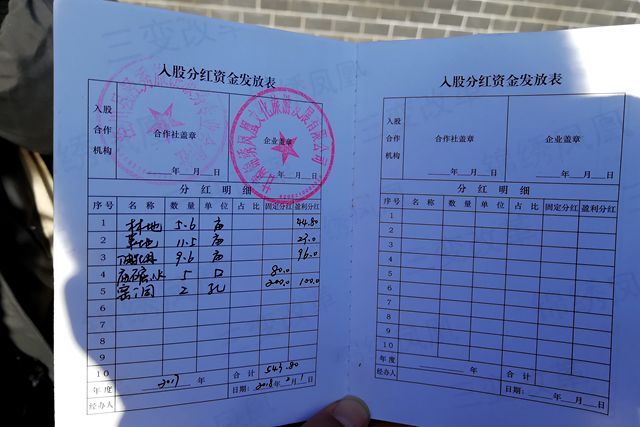蒋孝荣股权证上的第一张入股分红资金发放表已经填写完整.