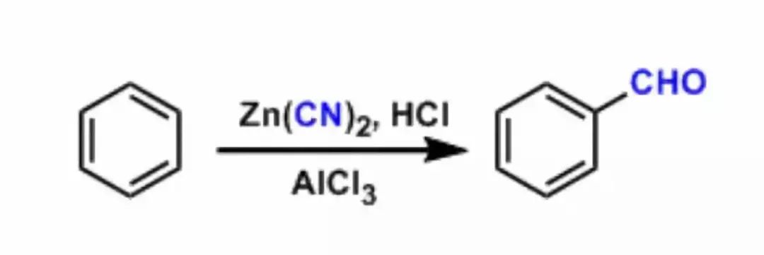氯化铝等路易斯酸催化下,氢氰酸与芳香族化合物(如苯)作用生成芳香醛