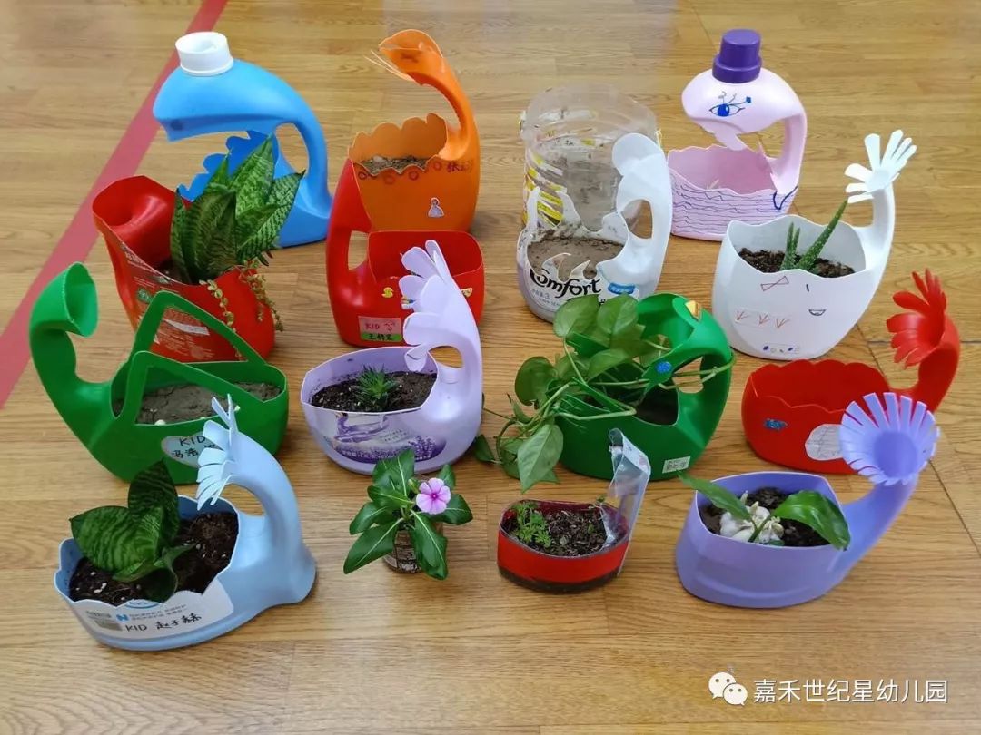 小朋友们利用家里闲置的塑料瓶做成了精美的花盆,既环保又美观.