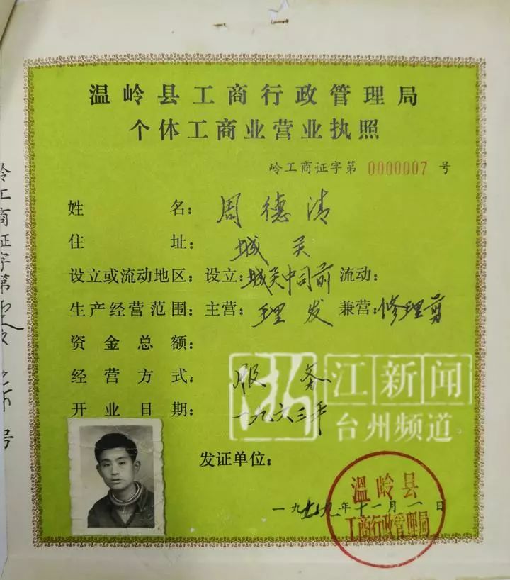 1979年 全国第一份个体户营业执照在浙江核发