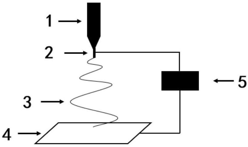 静电纺丝装置示意图;1-注射器;2-喷头;3-电纺纤维;4-接收基底;5