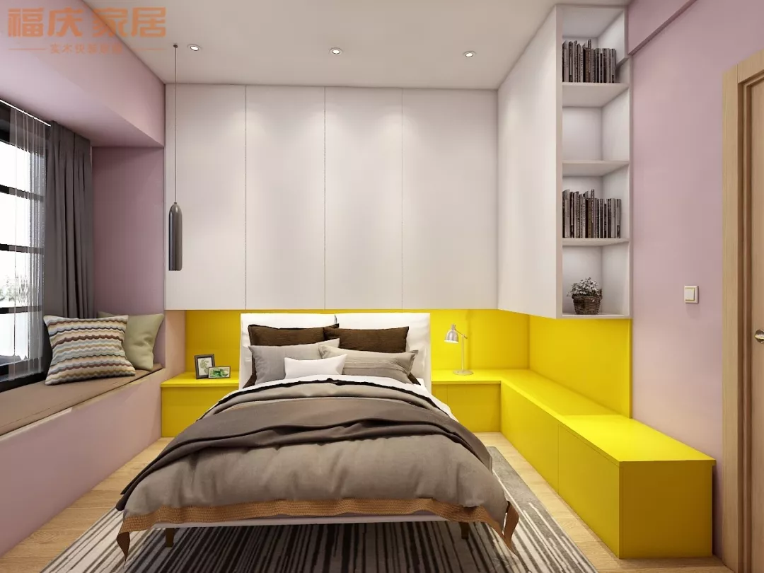 卧室狭长的,还可以直接在靠墙一整面设计一体柜,衣柜 床头柜 书桌