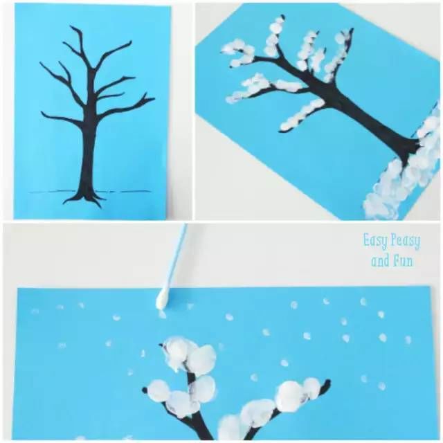 制作步骤:在蓝色卡纸上画上树的轮廓,用手指在树枝上和树墩周围点上