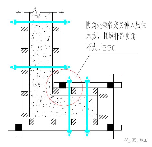 (10)外墙接茬部位必须预埋锁脚螺栓,锁脚螺栓