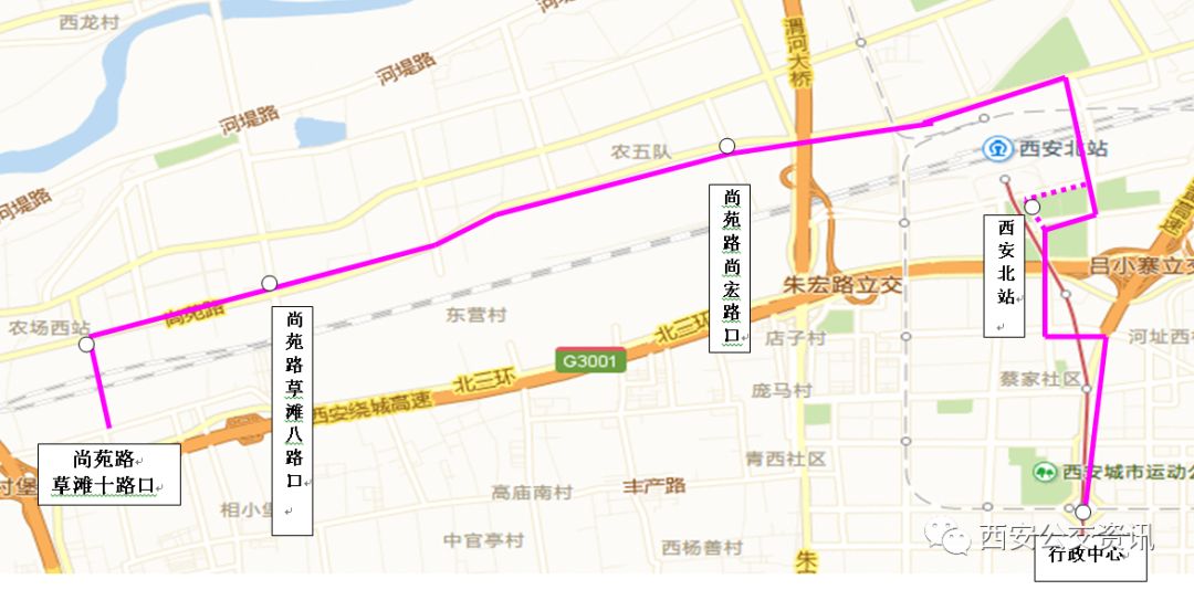 360路 由西安火车北站发车,经元朔路,建元路,尚苑路,秦汉大道,正阳