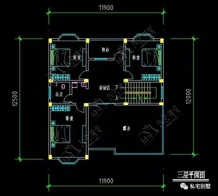 三层设有:3卧室,公卫,阳台,楼梯间,露台