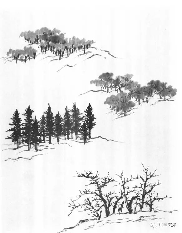 远树在画面中形式最多,实地写生可以突破前人丘壑.