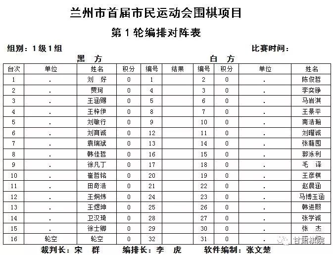 甘肃棋院兰州市首届市民运动会围棋项目第一轮对阵表