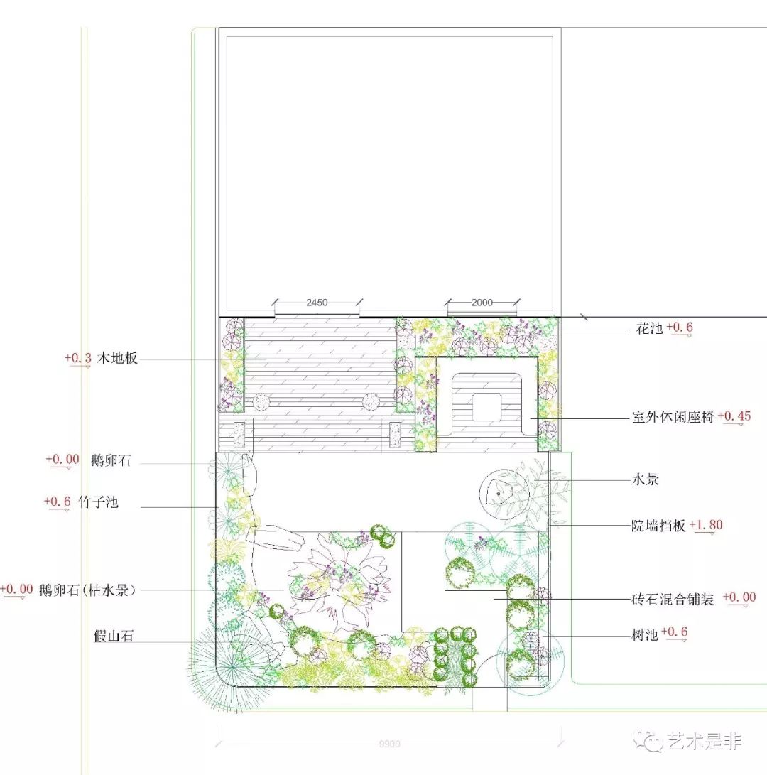 方案三平面图庭院南侧与西侧为绿化区域,南侧采用石头与草地微地形