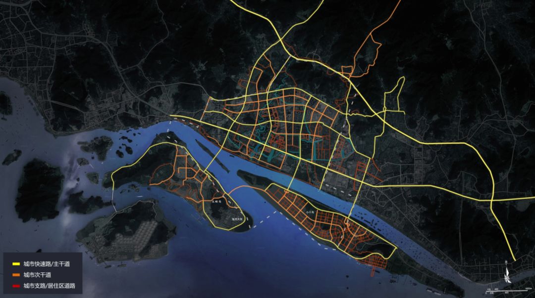 中关于舟山市新城城市道路网络规划图,以具有较高通行能力的干道为