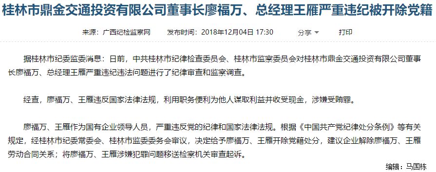 市鼎金交通投资有限公司董事长廖福万总经理王雁严重违纪被开除党籍