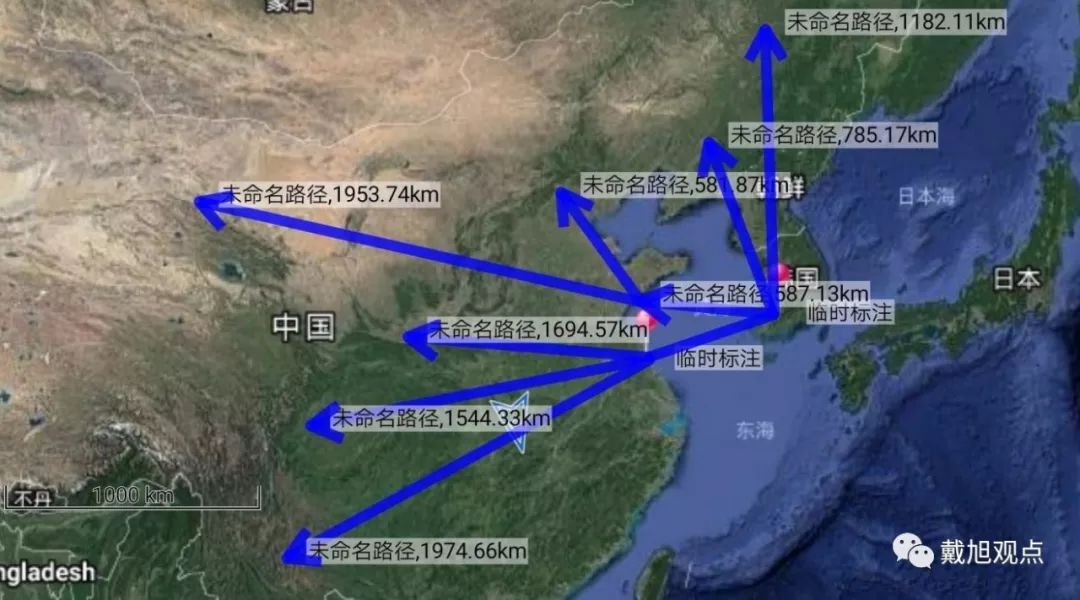 从韩国群山基地起飞的打击覆盖范围