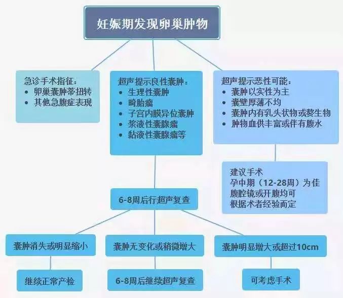 (点击图片可放大) 妊娠期卵巢肿物的处理流程 卵巢囊肿大小是否作为