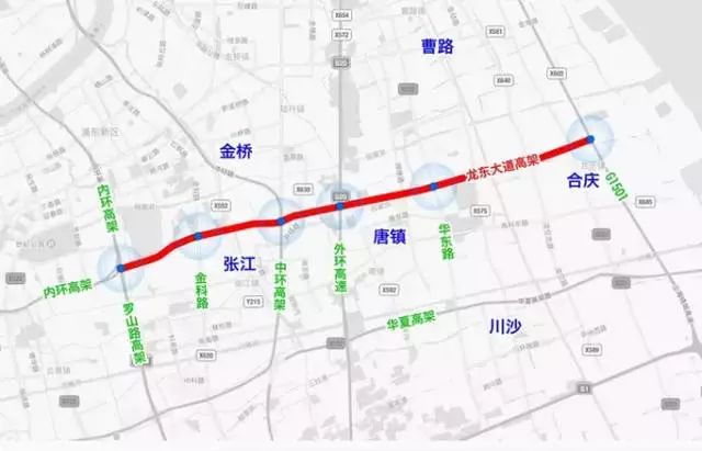 85km,红线宽度60m,两侧绿化带各15m,是浦东新区东西向重要的走廊通道