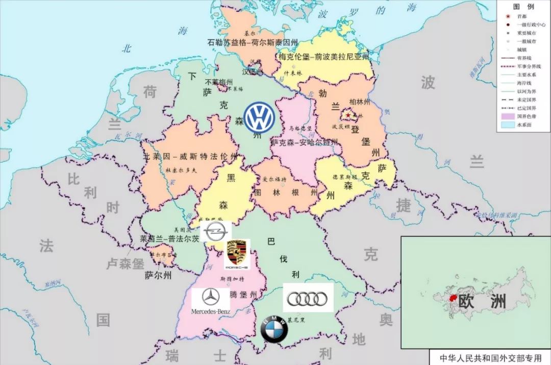 各大品牌在德国境内位置分布目前,德国汽车的代表品牌有奔驰,宝马