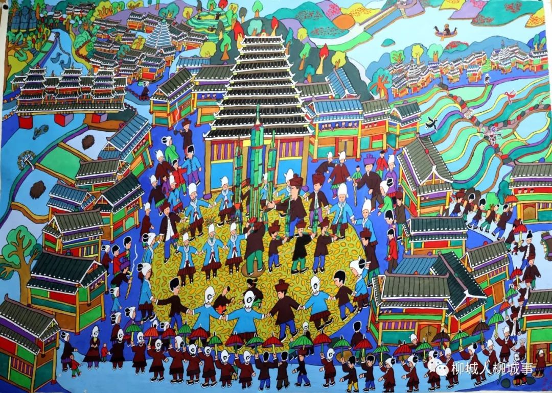 侗族农民画就地取材,以前是用锅墨,蓝靛甚至山上的果子做颜料,树枝做