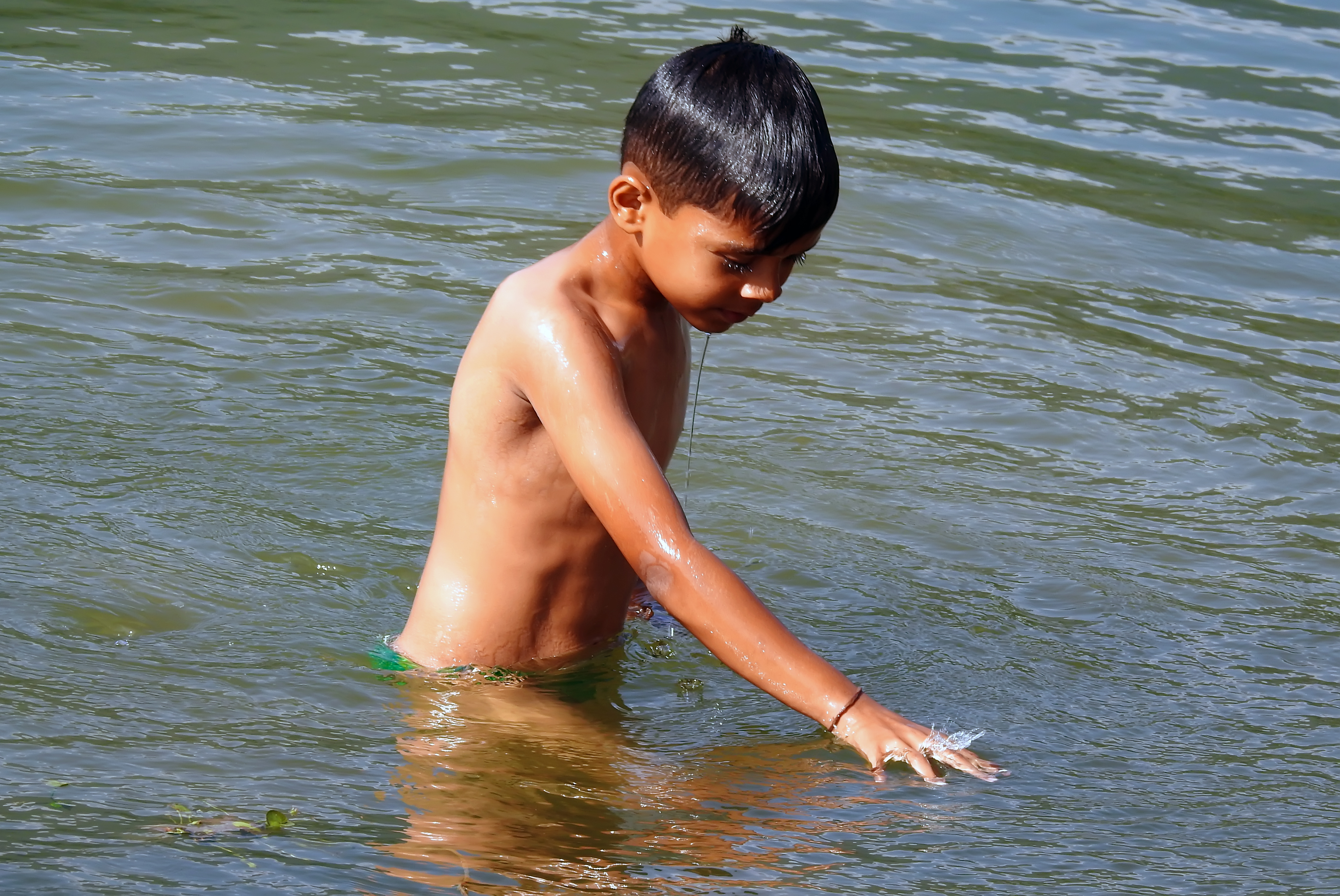 费瓦湖中游泳的小男孩.
