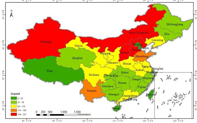 2017年中国区在营重工业数目分布图图片
