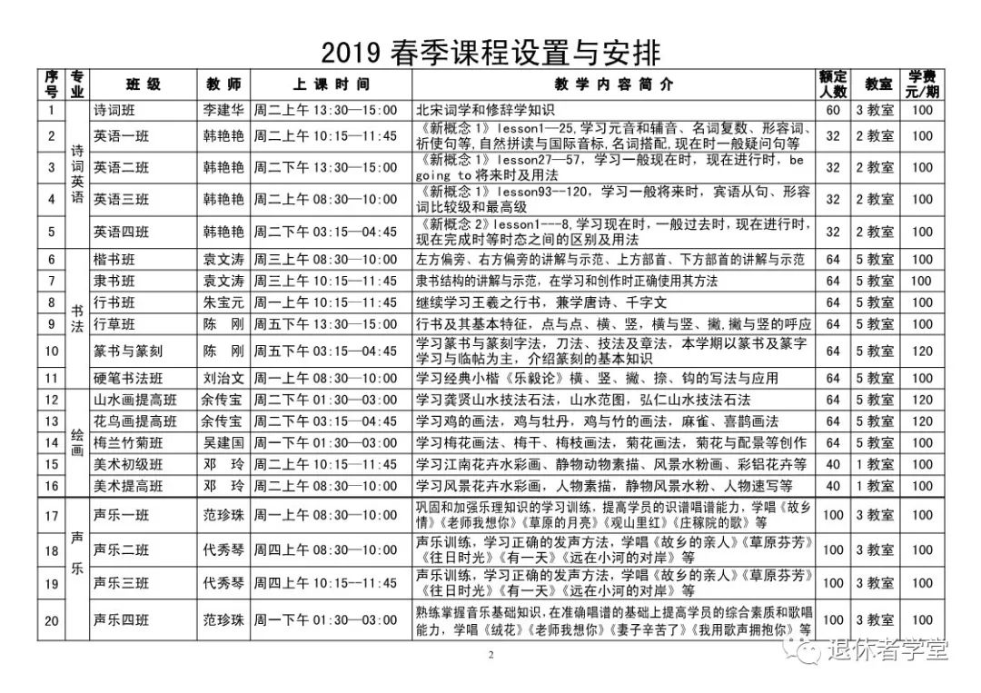 常青花园老年大学2019年春季学期招生简章与课程安排