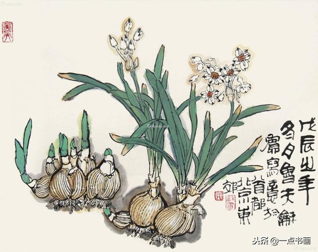 国画作品欣赏水仙(1-3月),花语:多情,想你.水仙寓意思念,团圆,敬意.