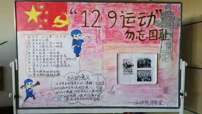 "一二·九"运动,勿忘国耻》由体科院团委宣传部创作,板报整体由图画