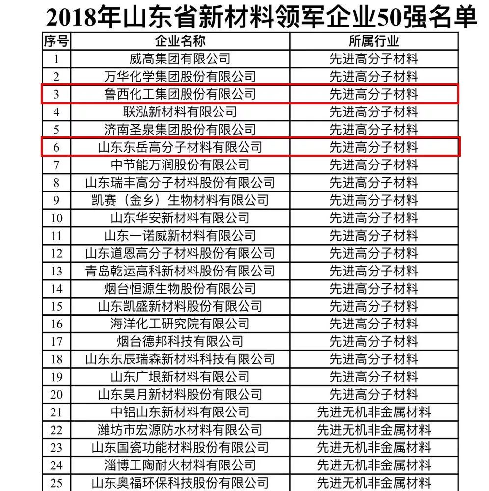 鲁西第三,东岳第六!双双杀入"2018年山东省新材料领军企业50强"