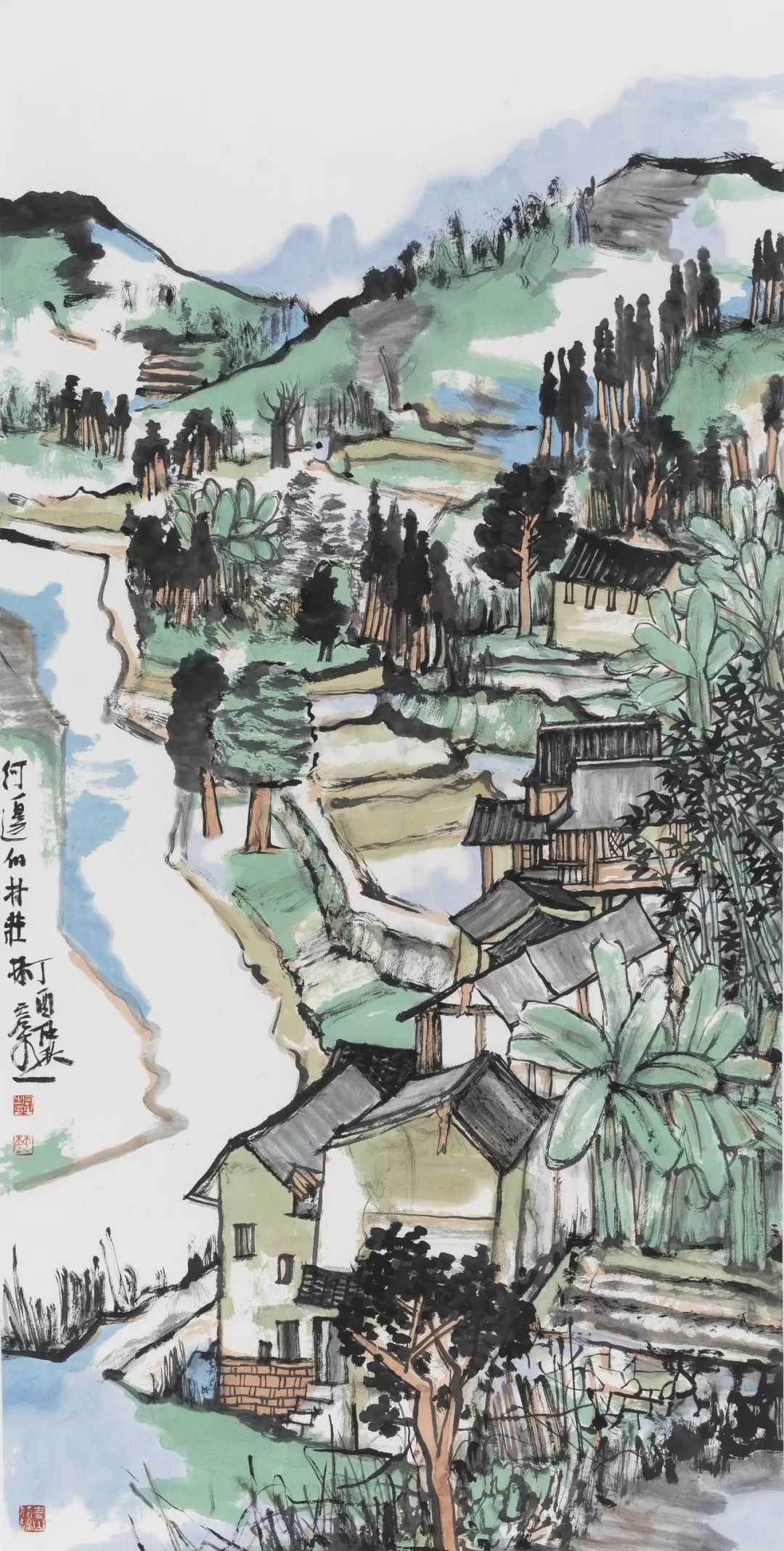 林容生 《河边的村庄》 纸本水墨设色 136×68cm 2017年