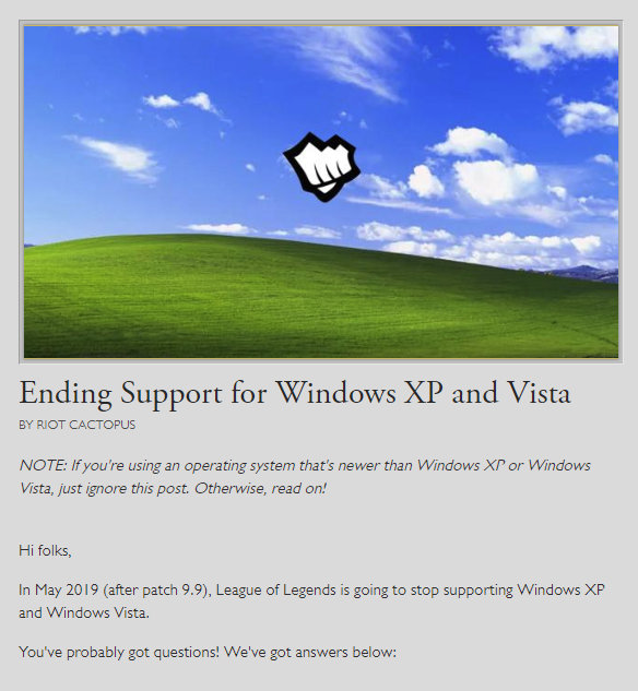 英雄联盟停止对windowsXP系统支持怎么回事
