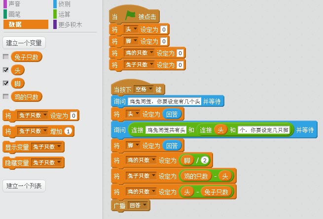 scratch数学编程—计算鸡兔同笼