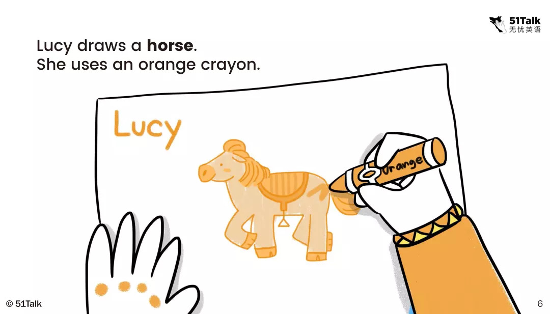 lucy draws   horse. she uses an orange crayon.