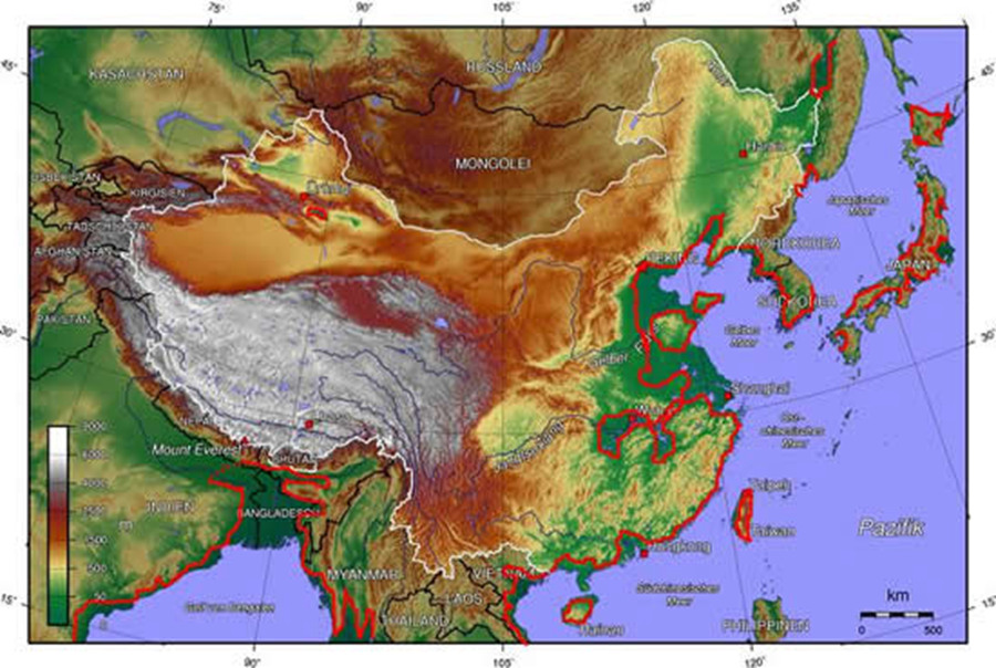 下面是按照50米海拔线大概画出的中国海岸线