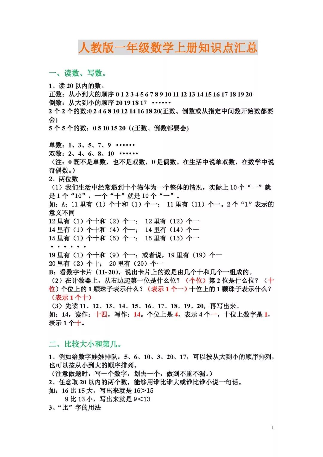 新一年级数学上册重难知识点汇总,打印给孩子背一背!