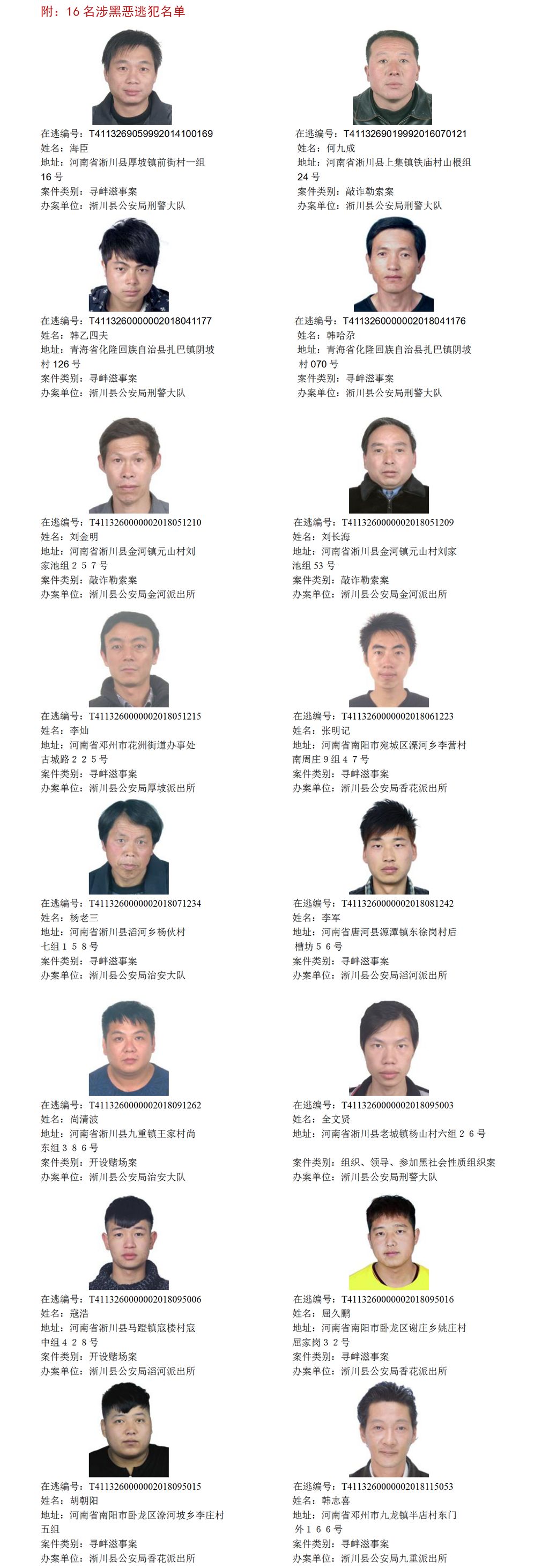 淅川县公安局通缉令,全城公开通缉这16名逃犯!