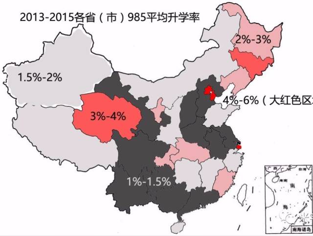 同样在地图上标记了985在各省(直辖市)的平均升学率▼