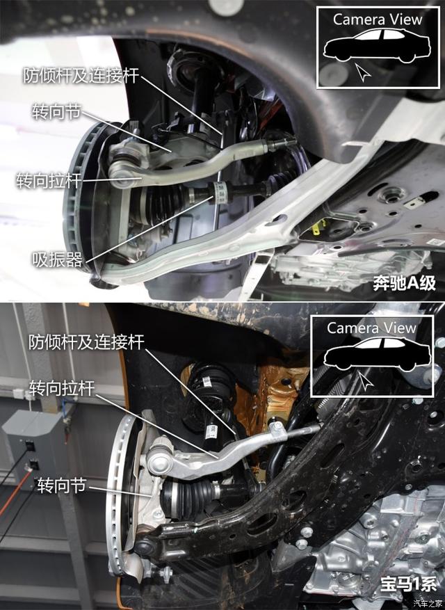 底盘用料,一目了然,宝马一系的下摆臂为普通钢材料,而奔驰a200l全部为