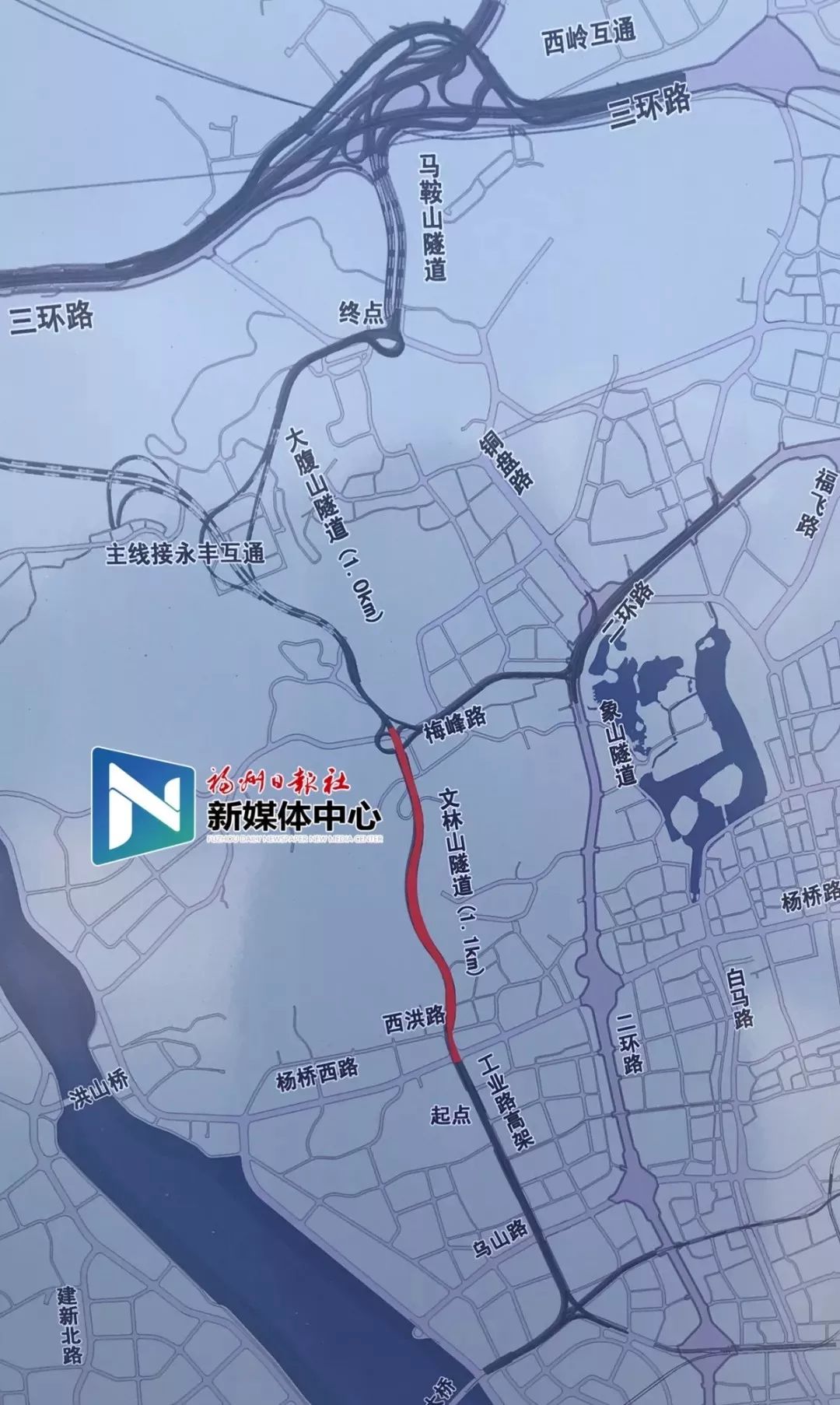 主线高架上跨杨桥路和西洪路后通过隧道穿越文林山,出隧道后设高架上