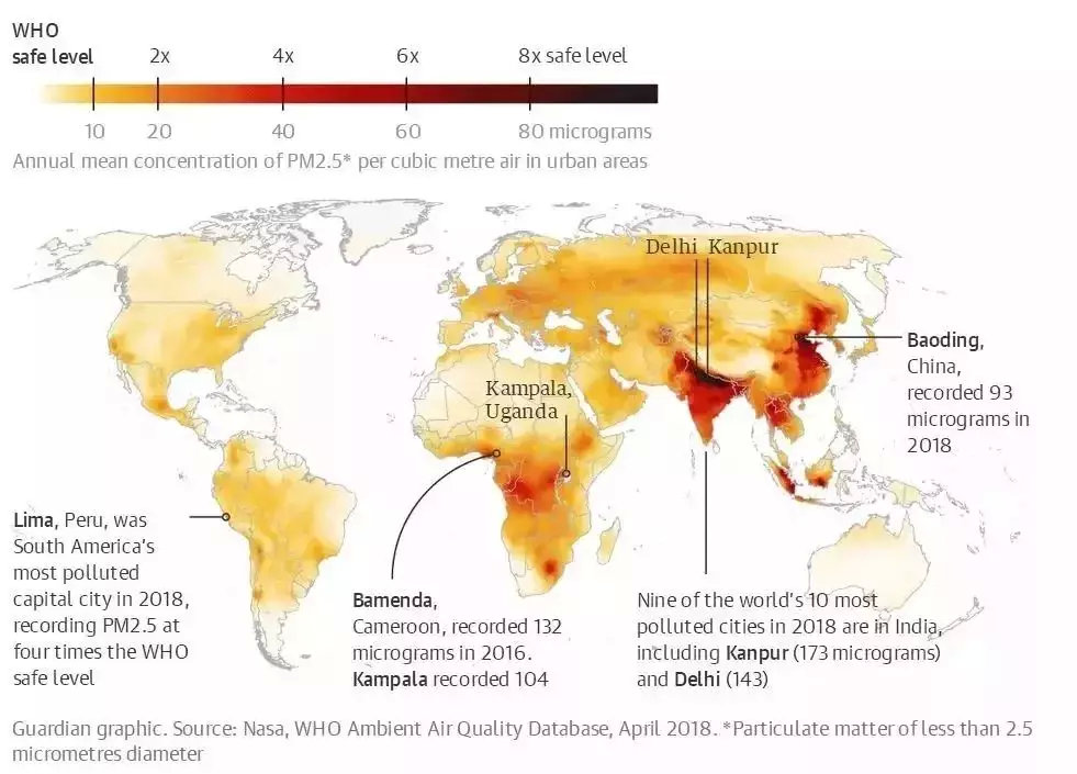 全球空气污染地图(色彩越深污染越重)