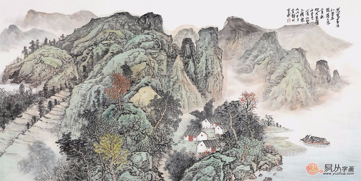 中国美协画家余静最新创作青绿国画《山水画卷一》 作品来源:易从网